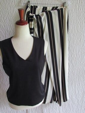 Tommy Bahama Silk Skirt S  Long Stripe Black White Green Wrap Look Bundle Top